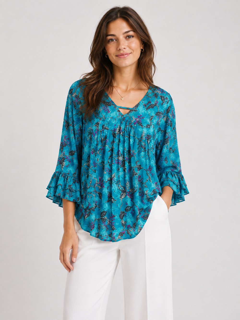 Architect Women's Floral Bell Sleeve Blouse Turquoise Blue Boho Flowy Top XL